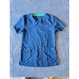 Carhartt Force Womens Navy Blue Scrub Top V-Neck Medical XS Lime Green Accents